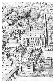 Heidelberg - Heiliggeistkirche - Ausschnitt aus der "Großen Ansicht der Stadt Heidelberg" von Matthäus Merian d.Ä., um 1620 (Quelle: Eberhard Zahn, Die Heiliggeistkirche zu Heidelberg, 1960) Heidelberg - Heiliggeistkirche - Ausschnitt aus der "Großen Ansicht der Stadt Heidelberg" von Matthäus Merian d.Ä., um 1620 (Quelle: Eberhard Zahn, Die Heiliggeistkirche zu Heidelberg, 1960)