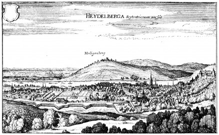 Heidelberg - Heiliggeistkirche - Heidelberg von der Sprunghöhe aus gesehen - Kupferstich, von Matthäus Merian d.Ä., um 1645 (Quelle: Wikimedia Commons) Heidelberg - Heiliggeistkirche - Heidelberg von der Sprunghöhe aus gesehen - Kupferstich, von Matthäus Merian d.Ä., um 1645 (Quelle: Wikimedia Commons)