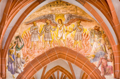 Heidelberg - Heiliggeistkirche - Triumphbogen - Wandmalerei "Drei Männer im Feuerofen" von Harry MacLean im Scheidebogen (aufgenommen im Februar 2013, am frühen Nachmittag) Heidelberg - Heiliggeistkirche - Triumphbogen - Wandmalerei "Drei Männer im Feuerofen" von Harry MacLean im Scheidebogen (aufgenommen im Februar 2013, am frühen Nachmittag)