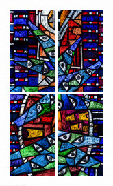 Heidelberg - Heiliggeistkirche - Westempore - 4 Felder (1./2. Zeile, linke/rechte Bahn) des "Offenbarungsfensters" von Hans Gottfried von Stockhausen (aufgenommen im Juli 2013, am späten Nachmittag)
