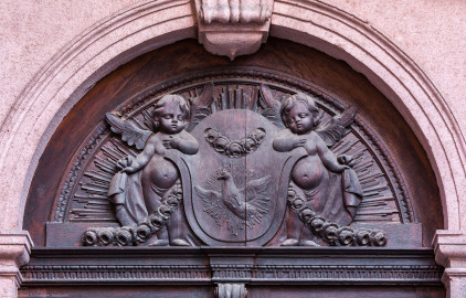 Heidelberg - Heiliggeistkirche - Nordseite - Östliches Nordportal - Rundbogen über der Tür (aufgenommen im November 2013, am Nachmittag)