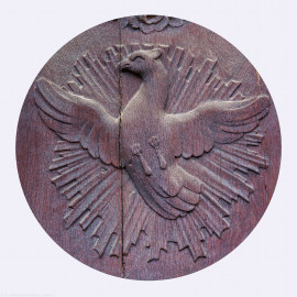 Heidelberg - Heiliggeistkirche - Südseite - Östliches Südportal - Symbol "Heiliget Geist" im Rundbogen über der Tür (aufgenommen im November 2013, am Vormittag)