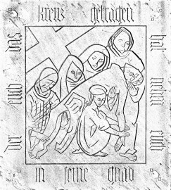 Heidelberg - Heiliggeistkirche - Chor - Grabplatte ("Der euch das Kreuz getragen hat nehm euch in seine Gnad"), östlich des Altars, im Boden eingelegt (aufgenommen im November 2013, am frühen Nachmittag)