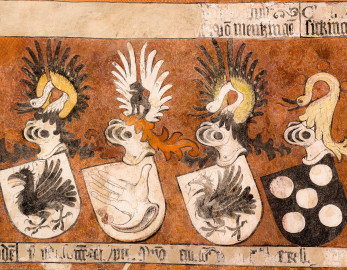 Heidelberg - Heiliggeistkirche - Chor - Südostwand - Ausschnitt (mittlere Reihe) aus dem Wappenfries der "Gesellschaft mit dem Esel" (aufgenommen im März 2015, am Vormittag) Heidelberg - Heiliggeistkirche - Chor - Südostwand - Ausschnitt (mittlere Reihe) aus dem Wappenfries der "Gesellschaft mit dem Esel" (aufgenommen im März 2015, am Vormittag)