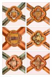 Heidelberg - Heiliggeistkirche - Nordschiff - Schlußsteine, v.l.n.r.: 5., 6., 1., 3., 4., und 2. Joch, von Westen aus gezählt (aufgenommen im April / Mai 2015, nachmittags)
