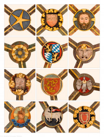 Heidelberg - Heiliggeistkirche - Chor - 12 der 19 Schlußsteine im Chorumgang, v.o.l.n.u.r.: 1. bis 5., 8. bis 9., 15. bis 19. Schlußstein, gezählt von Südwest nach Nordwest (aufgenommen im November 2015, tagsüber)