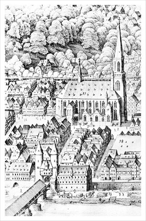 Heidelberg - Heiliggeistkirche - Ausschnitt aus der "Großen Ansicht der Stadt Heidelberg" von Matthäus Merian d.Ä., um 1620 (Quelle: Eberhard Zahn, Die Heiliggeistkirche zu Heidelberg, 1960)