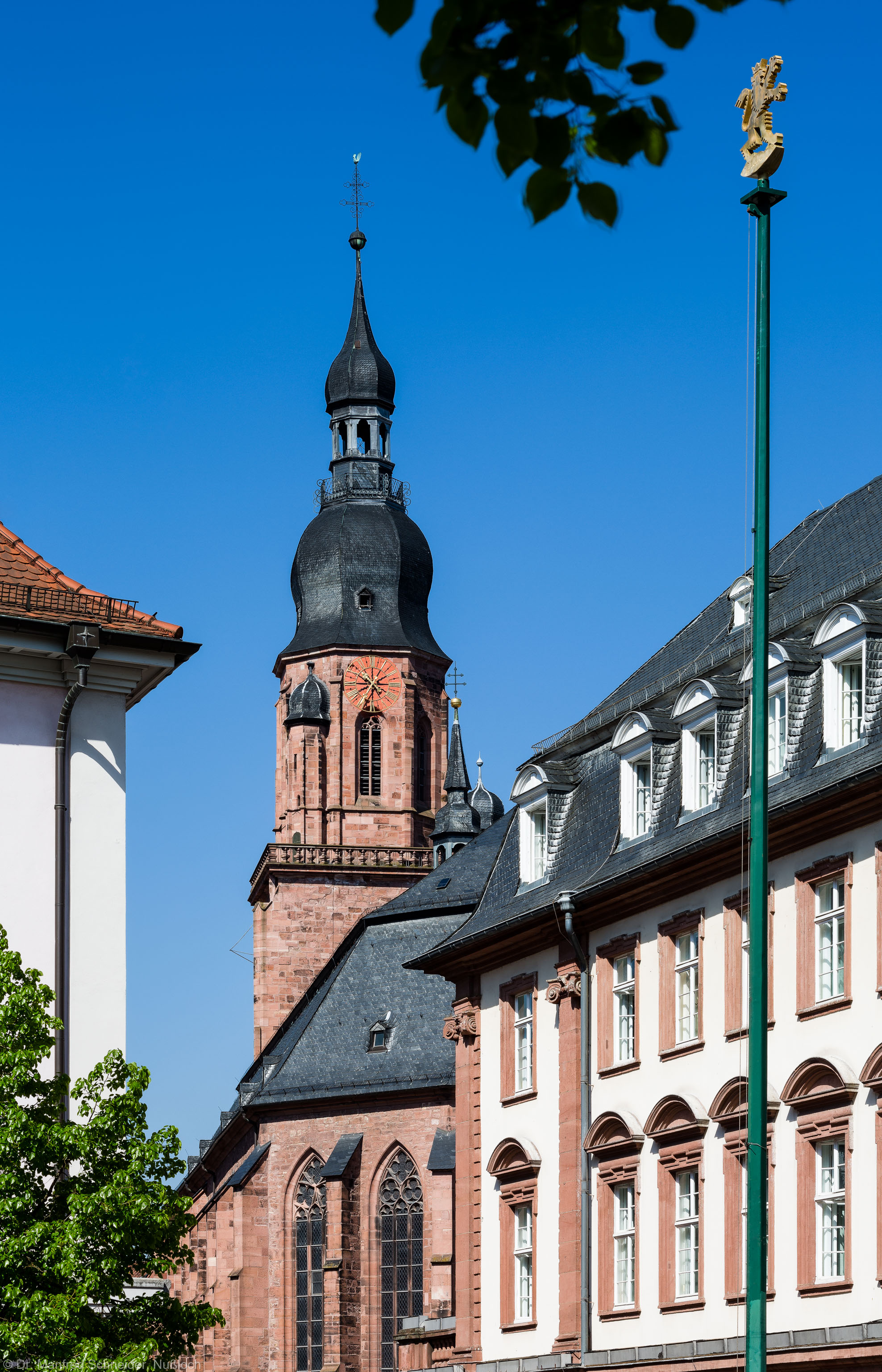 Heidelberg - Heiliggeistkirche - Ostseite - Blick vom Kornmarkt auf die Südostseite und den Turm (aufgenommen im Mai 2013, am späten Vormittag)