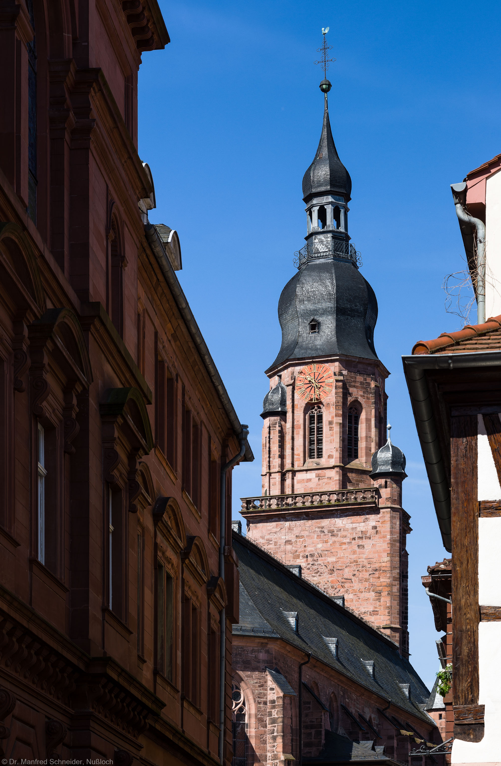 Heidelberg - Heiliggeistkirche - Ostseite - Blick von der Heiliggeiststraße nahe dem Marktplatz auf die Nordseite und den Turm (aufgenommen im Juli 2013, am späten Vormittag)