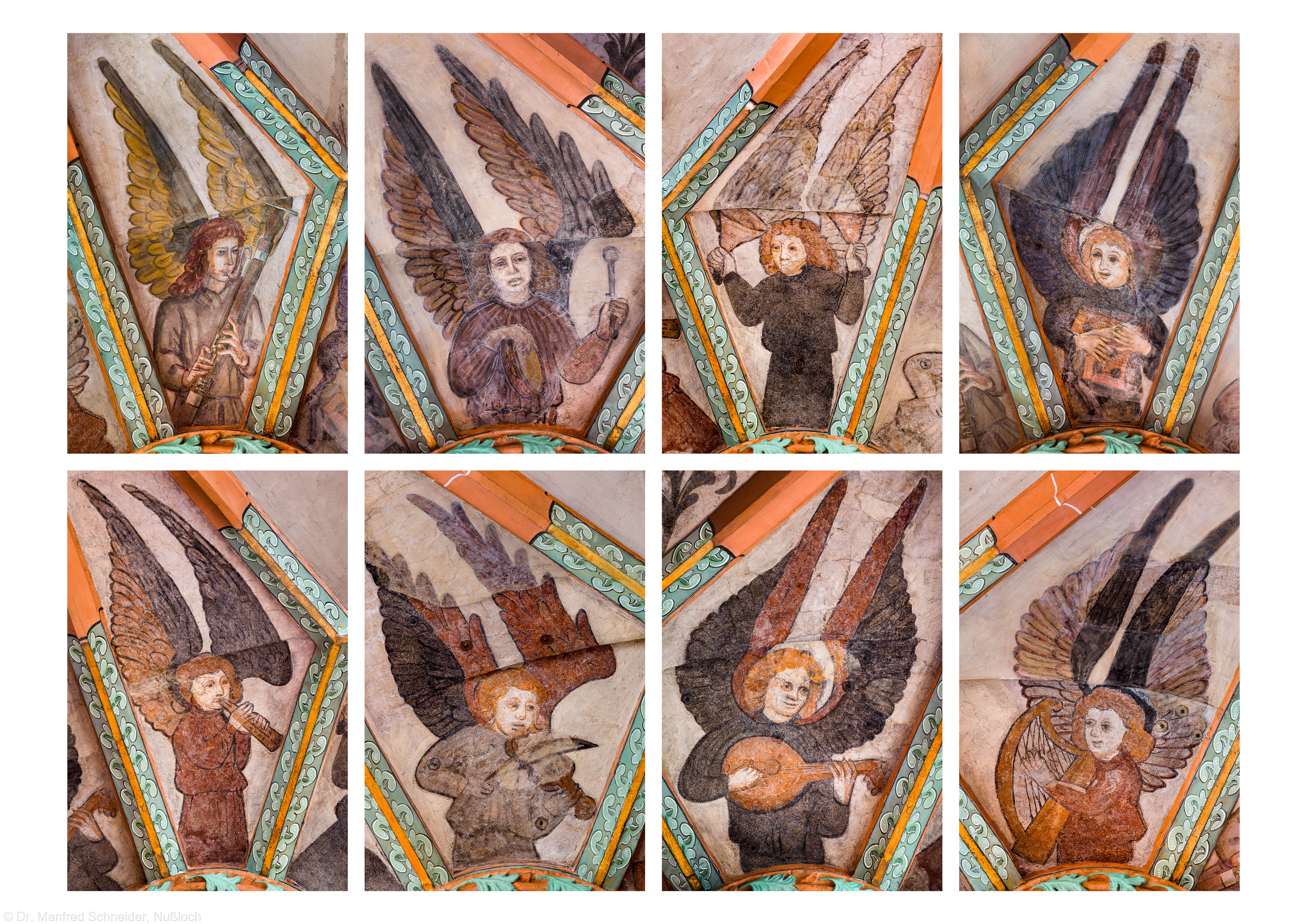 Heidelberg - Heiliggeistkirche - Mittelschiff - Alle 8 Engel aus der Gewölbemalerei "Engelskonzert" (aufgenommen im Februar/März 2014, nachmittags)