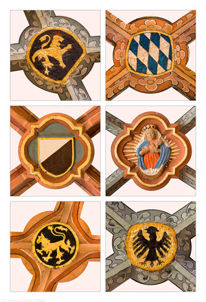 Heidelberg - Heiliggeistkirche - Südschiff - Schlußsteine, v.l.n.r.: 5., 4., 1., 6., 2. und 3. Joch, von Westen aus gezählt (aufgenommen im April 2015, nachmittags)