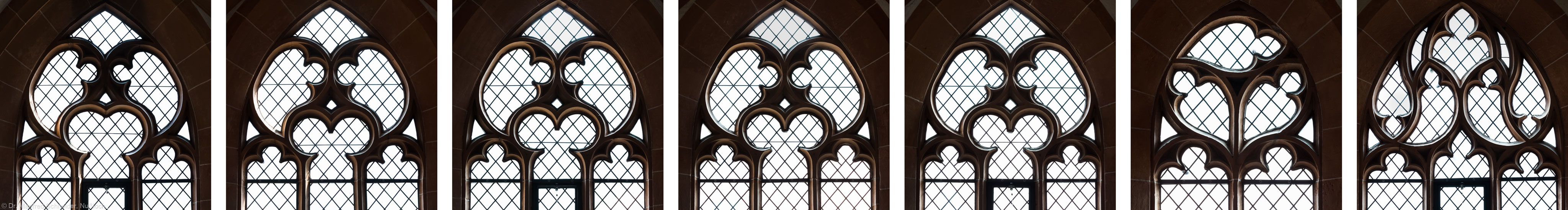 Heidelberg - Heiliggeistkirche - Südempore - Fenstermaßwerke (v.l.n.r.: 6. bis 1. Joch, von Westen aus gezählt, dann Südwestseite) (aufgenommen im Mai 2015, nachmittags)