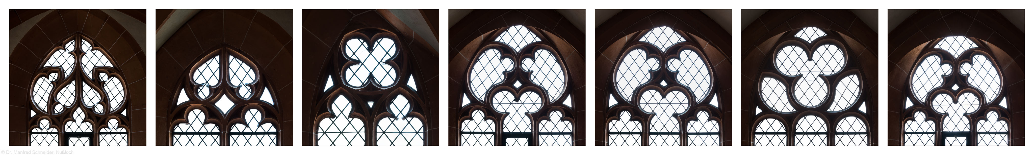 Heidelberg - Heiliggeistkirche - Nordempore - Fenstermaßwerke (v.l.n.r.: Nordwestseite, dann 1. bis 6. Joch, von Westen aus gezählt) (aufgenommen im Mai 2015, nachmittags)
