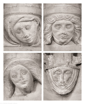 Heidelberg - Heiliggeistkirche - Nordempore - v.l.n.r., v.o.n.u: 1. bis 3. Figur am unteren Dienstabschluß der Nordseite, von Westen aus gezählt, Figur am unteren Dienstabschluß der Südostseite (aufgenommen im Juni 2015, am späten Vormittag)