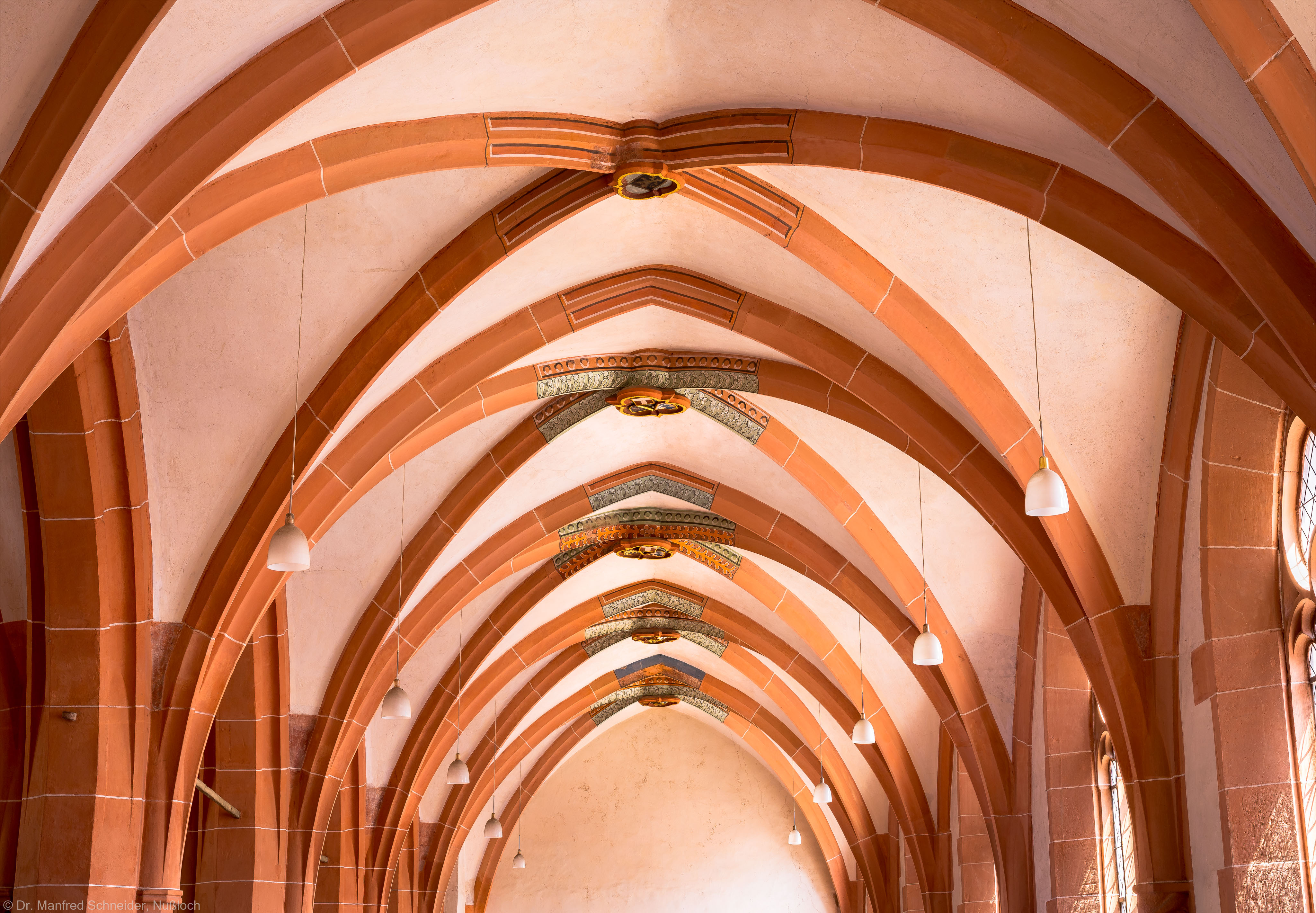Heidelberg - Heiliggeistkirche - Südempore - Blick von Westen auf Kreuzrippen und Schlusssteine der Südempore (aufgenommen im Juni 2015, am Nachmittag)