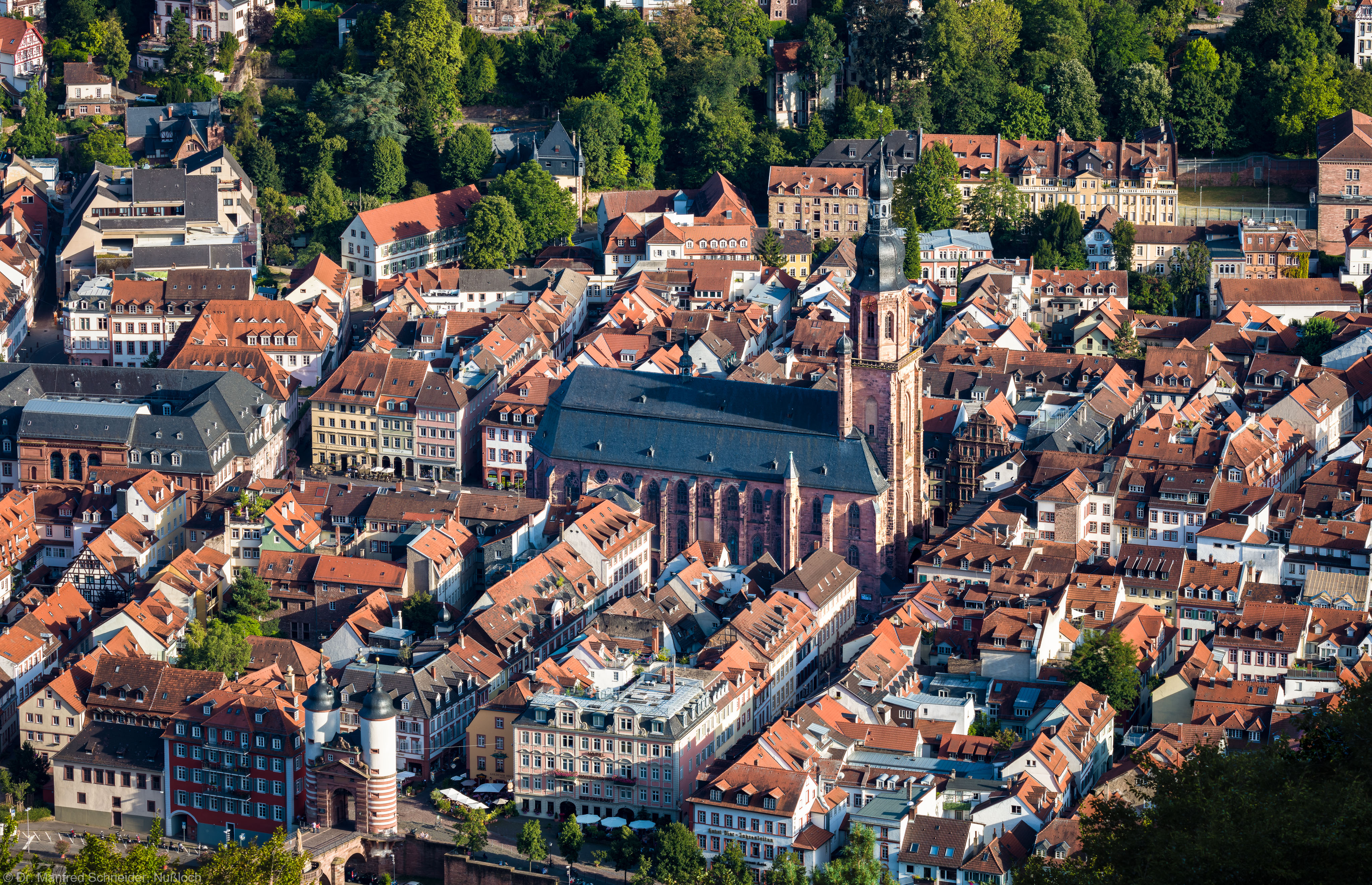 Heidelberg - Heiliggeistkirche - Nordseite - Blick vom Heiligenbergturm beim ehemaligen Stephanskloster auf die Altstadt und auf die Heiliggeistkirche (aufgenommen im August 2015, am frühen Abend)