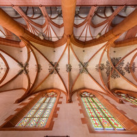 Heidelberg - Heiliggeistkirche - Südliches Seitenschiff - Gesamtansicht des Gewölbes, vom Zentrum des Seitenschiffs aus gesehen (aufgenommen im September 2015, am frühen Nachmittag)