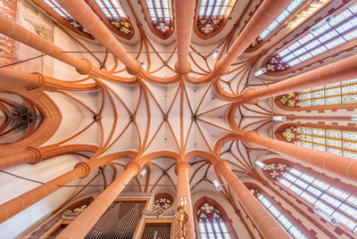 Heidelberg - Heiliggeistkirche - Chor - Gesamtansicht des Gewölbes, vom Zentrum des Chors aus gesehen (aufgenommen im Oktober 2015, am späten Nachmittag)
